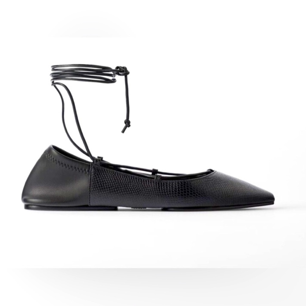 Zara Pointed Toe Black Animal Print Ankle Tie Ballet Flats Size 39
